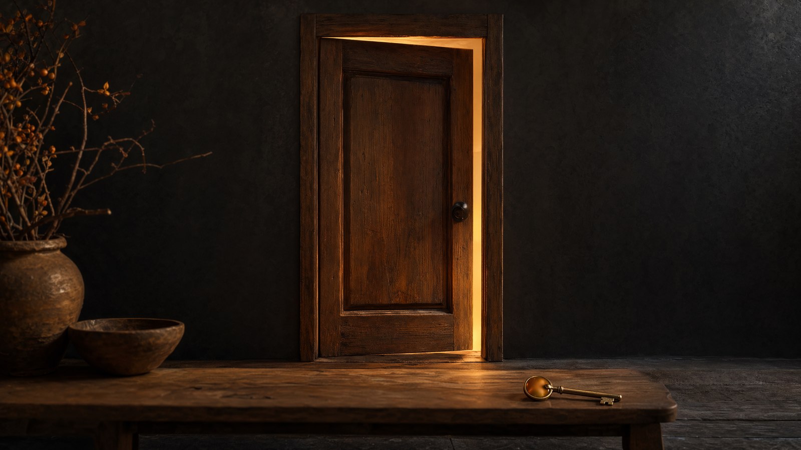 A rustic wooden door left slightly ajar with warm amber light spilling through, a single antique brass key on a wooden shelf in front