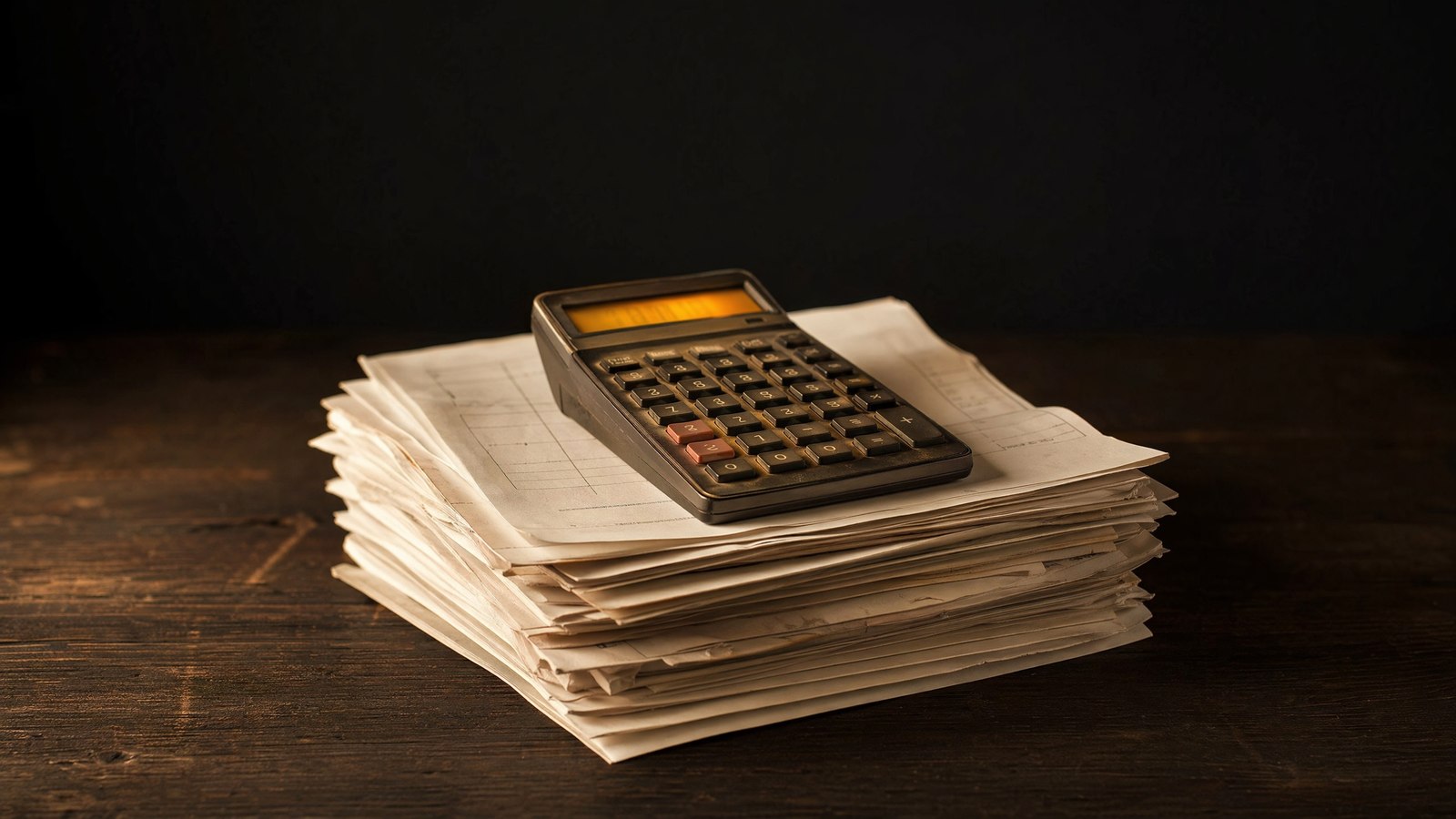 A stack of paper invoices with a warm-amber-lit calculator on top