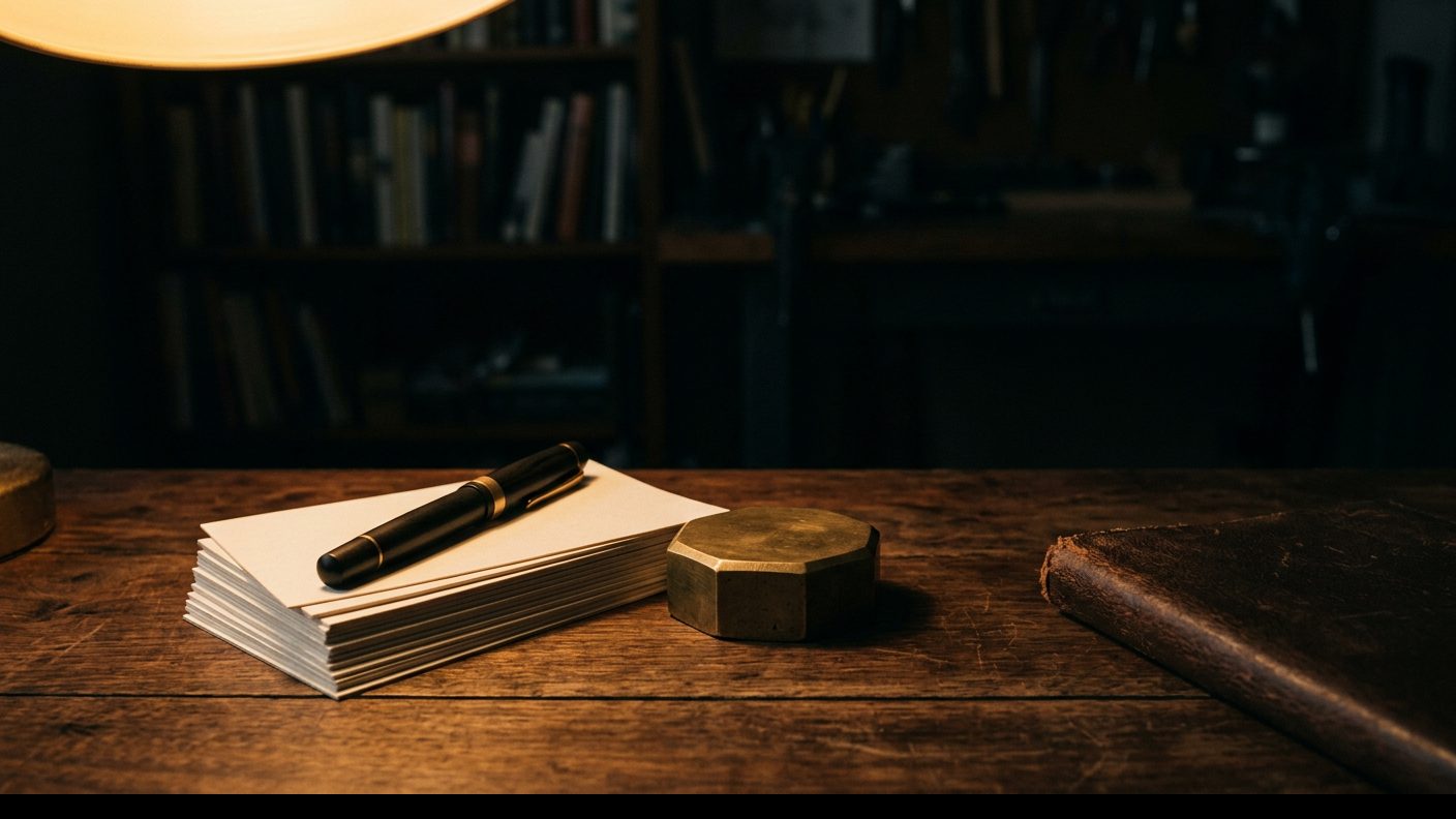 A fountain pen resting on a stack of blank index cards beside a brass paperweight and a leather notebook, lit by a single warm desk lamp