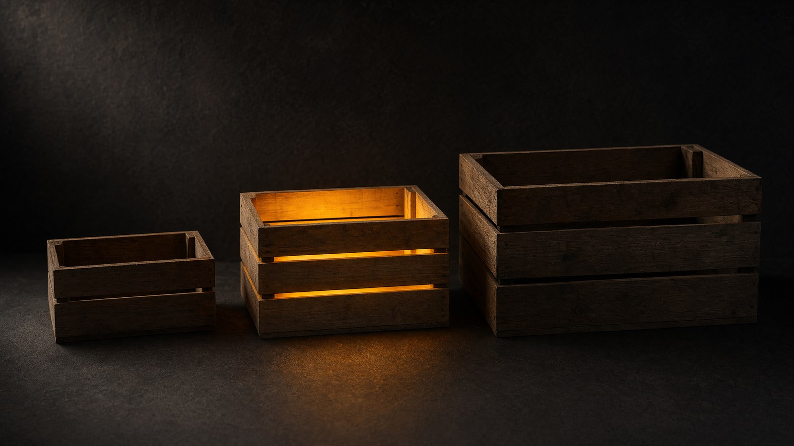 Three wooden crates of graduated size, the middle one glowing with warm amber light