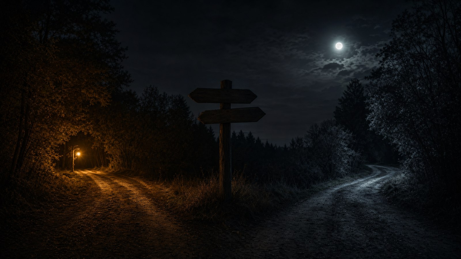 A forked country road at dusk, one path lit with warm amber lantern-light, the other with cool moonlight