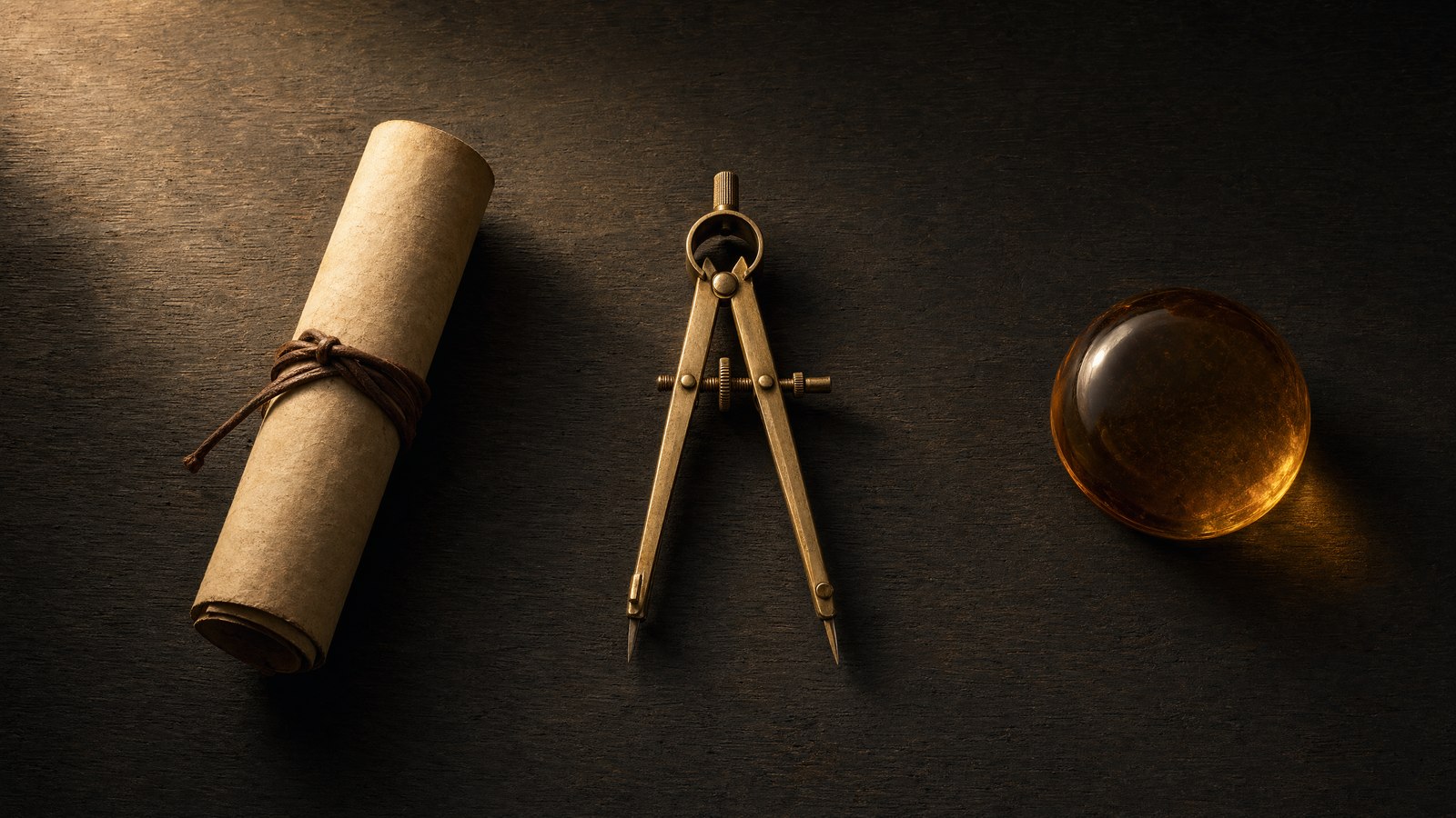 An architect's desk: a rolled paper scroll tied with leather, a vintage brass drafting compass, and a warm amber glass paperweight on dark wood