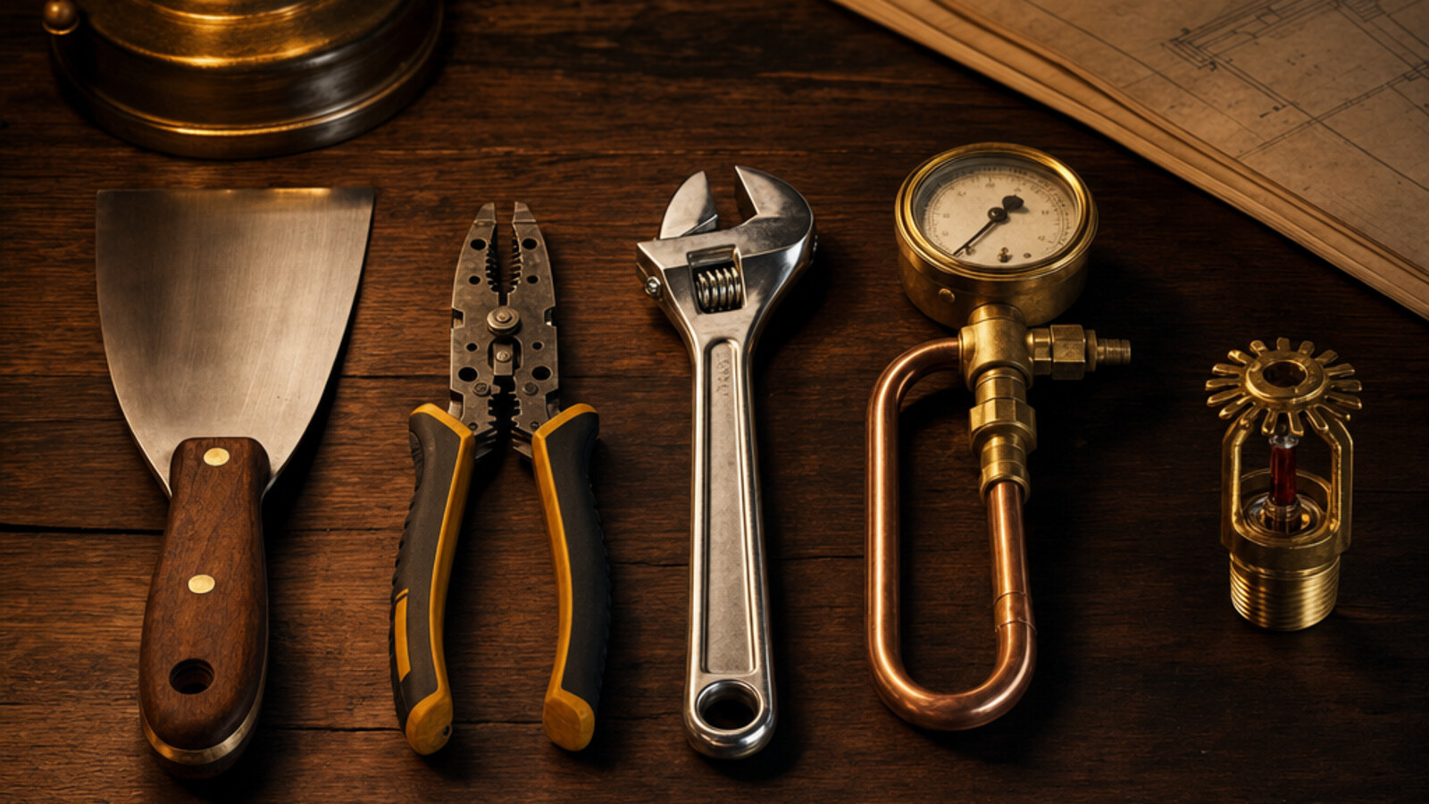 Five trade tools laid out on a dark walnut desk under amber lamp light: a drywall taping knife, electrician's wire strippers, a chrome plumbing wrench, a brass HVAC pressure gauge with copper tubing, and a brass fire-sprinkler head.