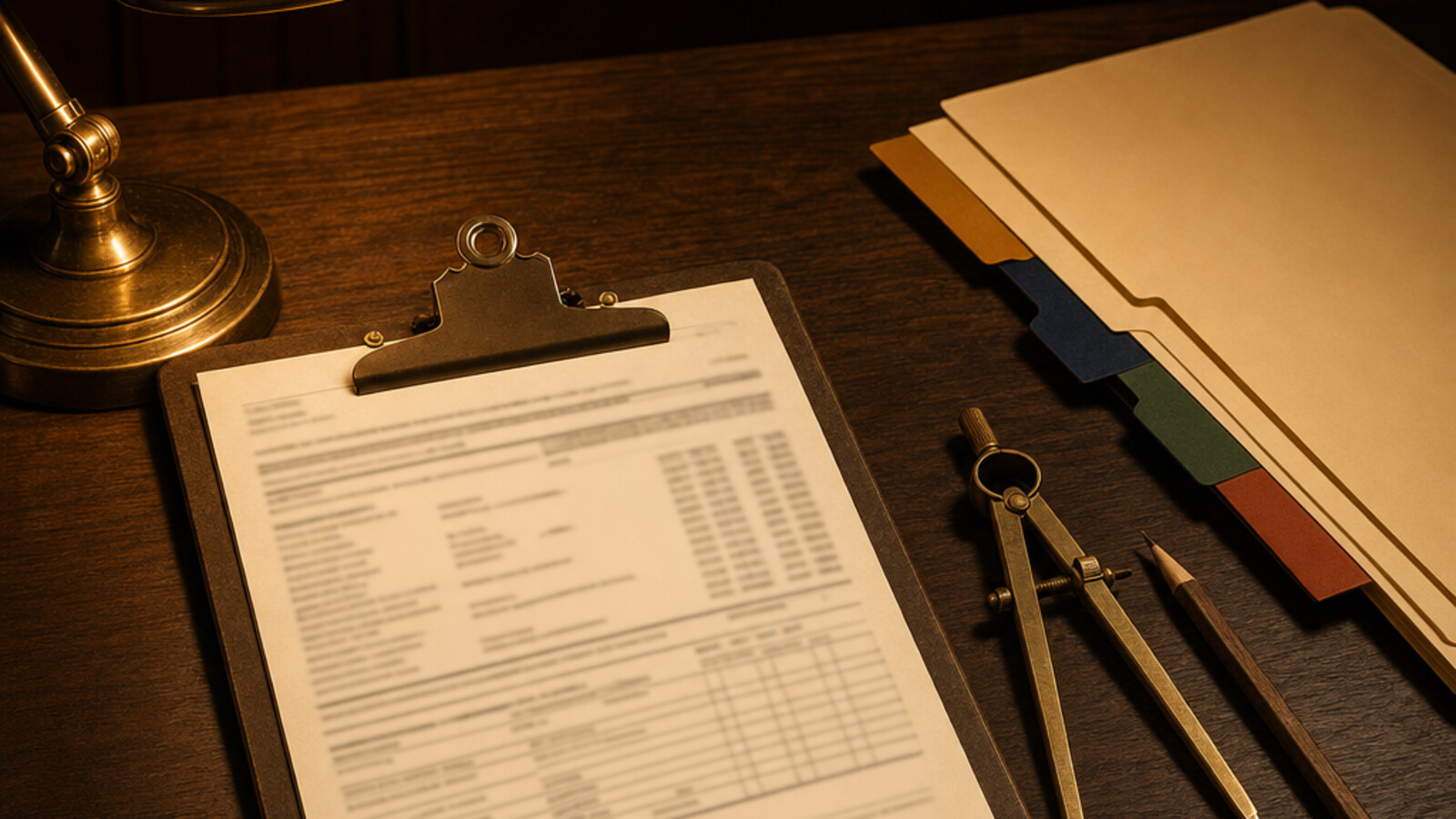 An AIA-style construction pay application form on a metal clipboard, sitting on a dark walnut desk under warm amber lamp light, with color-tabbed manila folders, a tape measure, and a carpenter's pencil alongside.